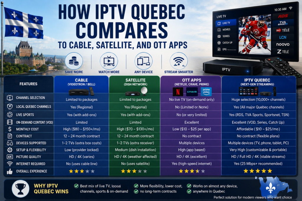 How IPTV Quebec Compares to Cable, Satellite, and OTT Apps